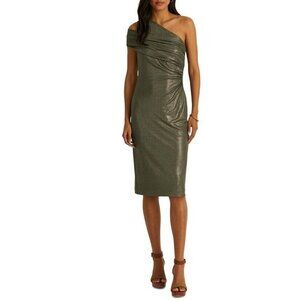 Lauren Ralph Lauren Sz 4 Dress One-Shoulder Arethusa Glitter Olive Green Classic